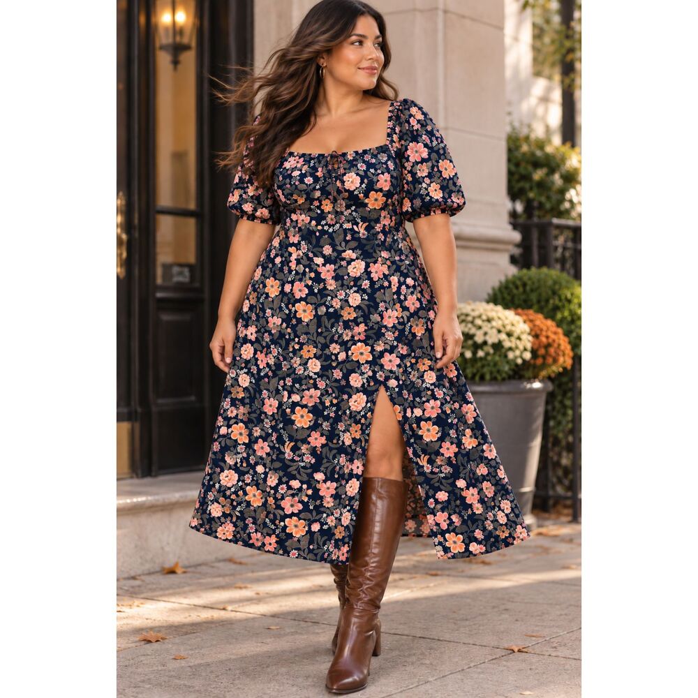 NWT Old Navy Floral Smocked Puff Sleeve Midi Dress Navy Coral Pink,Plus Size 4X